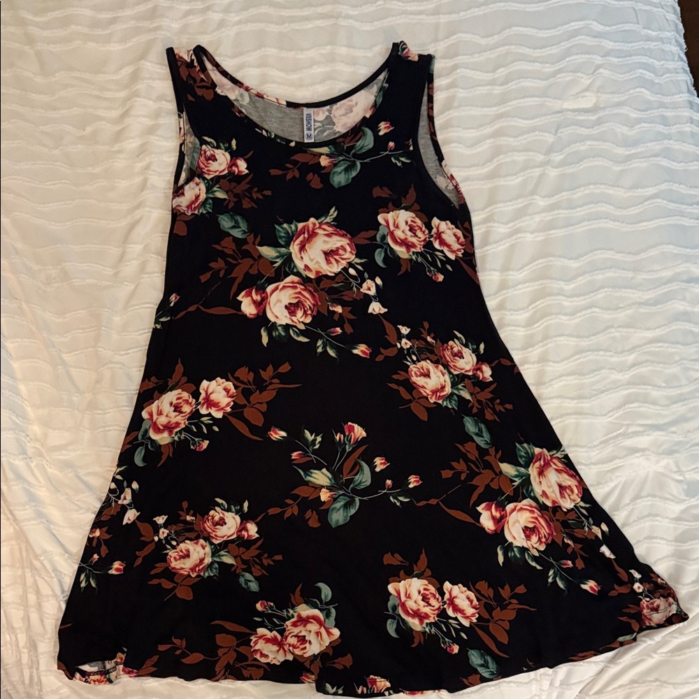 Chic Asymmetrical Floral Dress - Black and Pink